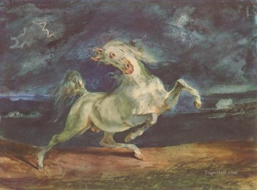  Tormenta Pintura - Eugene Delacroix caballo asustado por una tormenta 1824 1